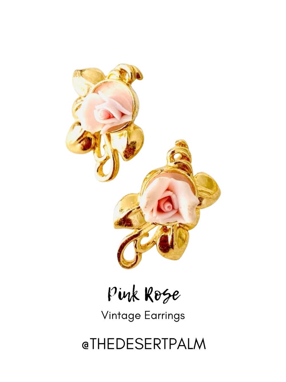 Vintage Pink Rose Earrings Gold Tone Floral Romantic Statement Jewelry